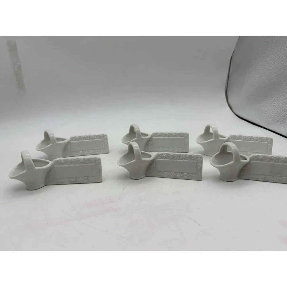 Vintage Fine Porcelain Japan Basket Place Card Holders Set 6 White Floral